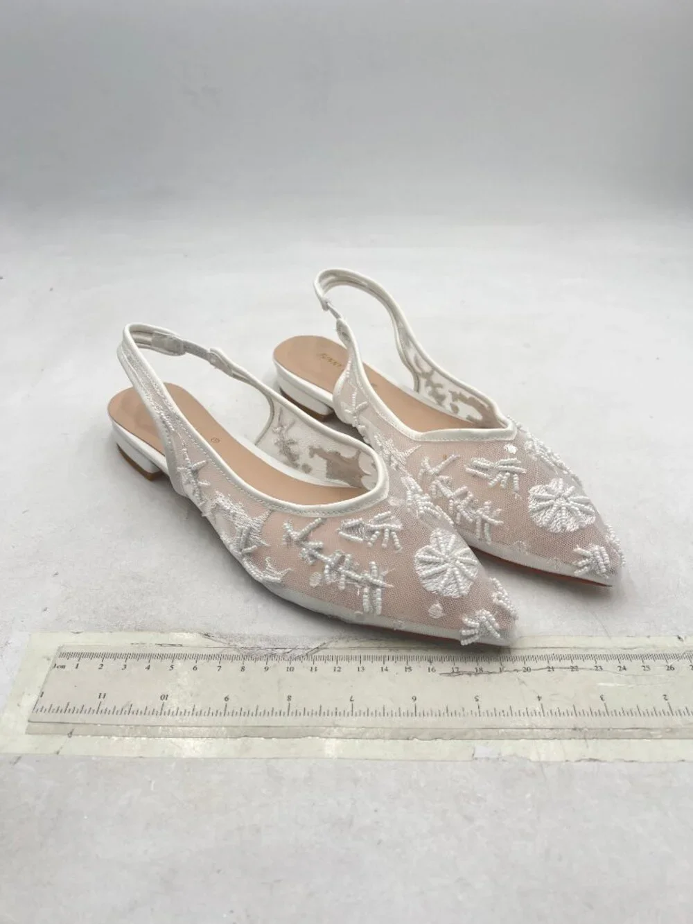 White Women Elegant Pointed Toe Embroidered Mesh Slingback Ballet Flats Shoes